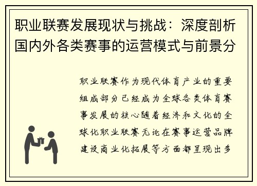 职业联赛发展现状与挑战：深度剖析国内外各类赛事的运营模式与前景分析
