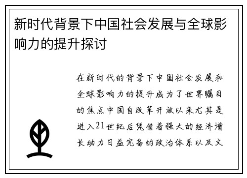 新时代背景下中国社会发展与全球影响力的提升探讨
