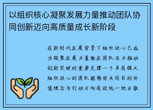 以组织核心凝聚发展力量推动团队协同创新迈向高质量成长新阶段 以组织核心凝聚发展力量推动团队协同创新迈向高质量成长新阶段