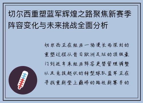 切尔西重塑蓝军辉煌之路聚焦新赛季阵容变化与未来挑战全面分析